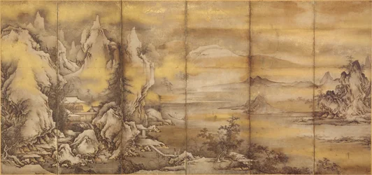 Japoński: 『式部輝忠筆 四季山水図屏風 室町時代 』 Krajobraz czterech pór roku, jeden z pary (Muzeum Sztuki Azjatyckiej B60D49+)