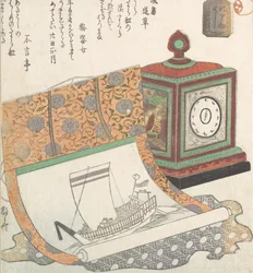 Zegar stołowy i kakemono łodzi skarbów, XIX w., XIX w.