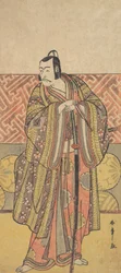 Ichikawa Danjuro V jako Kudo Suketsune, bogato ubrany, oparty na mieczu, koniec XVIII wieku.