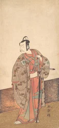 Aktor Ichikawa Danjuro V stojący w domu i przed engawą, ca. 1772.