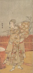Aktor Sawamura Sojuro III trzymający kawałek brokatu, koniec XVIII wieku.