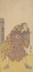 Piąty Ichikawa Danjuro jako nosiciel Kago stojący w pobliżu słupa milowego, ca. 1783-84.