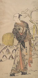 Pierwszy Nakamura Nakazo jako Komuso stojący w śniegu przy płocie, ca. 1775.