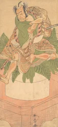 Czwarty Ichikawa Danjuro jako sługa Yakko siedzący na dużym cieście Mochi..., 1772.