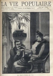 Mężczyzna na kolanach trzyma za rękę elegancką kobietę siedzącą w mieszczańskim salonie, ubraną w płaszcz, rękaw i futrzany szal. Ilustracja do Le Seducteur par Gyp (Sibylle Gabrielle Marie Antoinette Riquetti de Mirabeau, hrabina Martel d