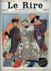 Sprawa Dreyfusa - M. Reinach i elektorzy - Okładka pisma satyrycznego „Le Lire” przedstawiająca Josepha Reinacha (1856-1921) francuskiego pisarza i polityka, który bronił Alfreda Dreyfusa (1859-1935) w aferze Dreyfusa - ilustracja karykatury autorstwa Cyga