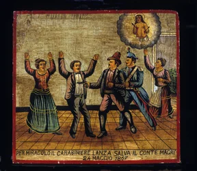 Ex-voto (ex voto) Sycylijczyk: „”Cudem, Carabinier Lanza ratuje hrabiego Magri w dniu 24.05.1867””. Reprezentacja bandyty (Brigantaggio): złodziej atakuje parę Magri z pistoletu, podczas gdy karabińczyk zaskakuje go od tyłu. .