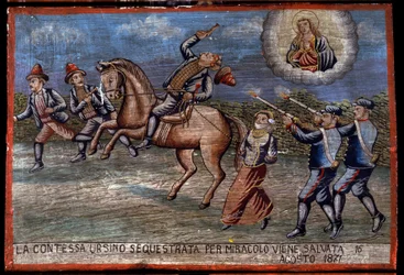 Ex-voto (ex voto) Sycylijczyk: „”Uprowadzona hrabina Ursino została właśnie cudem uratowana 16/08/1871”. Reprezentacja bandytów (Brigantaggio): Trzej rabusie porywają hrabinę, podczas gdy karabinierzy strzelają do nich. .