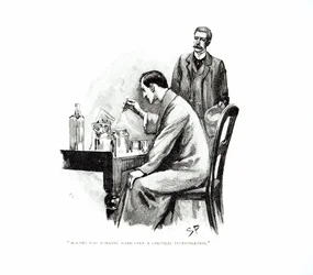 „Holmes ciężko pracował nad chemicznym badaniem”, ilustracja do „Traktatu morskiego” Arthura Conana Doyle