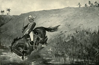 Wąska ucieczka porucznika Robertsa podczas ścigania przez tubylców w pobliżu Lucknow, 1901.