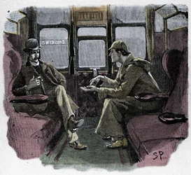 Silver Blaze: ilustracja Sidneya Pageta do przygody Sherlocka Holmesa. Słynny detektyw został przedstawiony z doktorem Watsonem w pociągu. Opublikowano w „The Strand Magazine”. Opowiadanie Conana Doyle