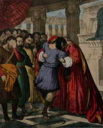 Przebaczenie Józefa dla jego braci, z biblii wydrukowanej przez Edwarda Gover