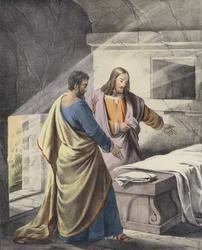 Piotr i Jan przy grobie „Zmartwychwstał” (kolorowa grawerunek)