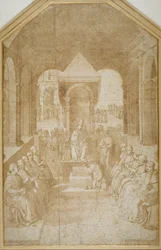 Eneasz Piccolomini całuje pantofel papieża Eugeniusza, według Pinturicchio (pióro i brązowy tusz z praniem na papierze)