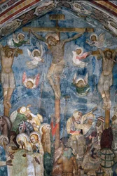 Ukrzyżowanie Chrystusa „INRI” na krzyżu. Fragment fresku szkoły w Sienie