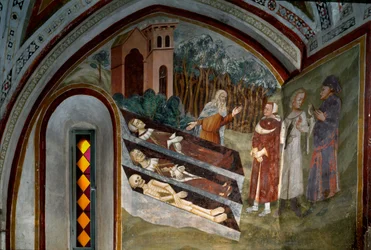 Spotkanie umarłych z żywymi Fragment fresku szkoły sieneńskiej. 14 wiek. Klasztor św Benoit (Sacro Speco), Klatka schodowa, Subiaco (Rzym), Włochy