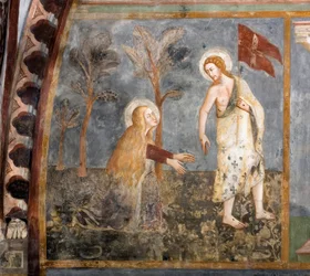 Noli me tangere (Nie dotykaj mnie). Fresk szkoły w Sienie. 14 wiek. Kościół Superior. Klasztor św Benedeta (Sacro Speco), Subiaco (Rzym), Włochy