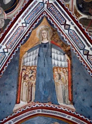 Reprezentacja Matki Boskiej Matki Kościoła Fresk kaplicy Najświętszej Marii Panny wykonany przez Szkołę Sieneńską z XIV wieku - Klasztor Św. Benedeta (Sacro Speco), Subiaco (Rzym), Włochy