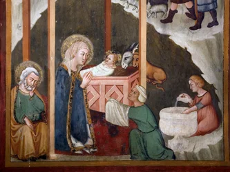 Nativite Fresco szkoły w Sienie. 14 wiek. Kaplica Najświętszej Marii Panny. Klasztor św. Benedetta