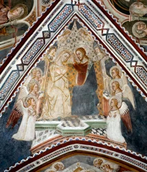 Koronacja Matki Boskiej Fresk Kaplicy Dziewicy dokonana przez szkołę sieneńską z XIV wieku - Klasztor Św. Benedeta (Sacro Speco), Subiaco (Rzym), Włochy