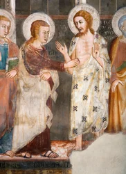 Niedowierzanie apostoła Tomasza Detaila. Fresk szkoły w Sienie. 14 wiek. Kościół Superior. Klasztor św Benedeta (Sacro Speco), Subiaco (Rzym), Włochy