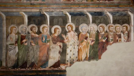Niedowierzanie apostoła Thomasa Fresco ze szkoły sieneńskiej. 14 wiek. Kościół Superior. Klasztor św Benedeta (Sacro Speco), Subiaco (Rzym), Włochy