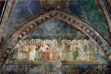 Dwanaście Apotres Fragment fresku szkoły w Sienie. 14 wiek. Klasztor św. Benedykta (Sacro Speco), Kościół Superior w Subiaco (Rzym), Włochy