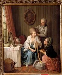 Sprzedawca wstążek Młoda kobieta nosząca włosy w domu rozmawia z kupcem noszącym na twarzy modną muchę. Obraz Zygmunta Freudenberga (1745-1801) XVIII-wieczny Paryż, Musee de Cognacq Jay