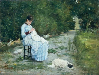W ogrodzie, Silvestro Lega (1826-1895), olej na desce, 29x38 cm