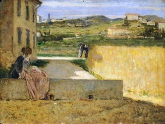W cieniu willi, autorstwa Silvestra Legi (1826-1895), 34x46 cm