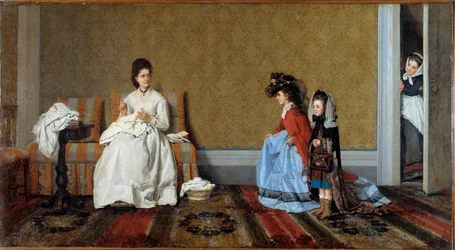 Małe dziewczynki bawiące się w wielkie damy. Dwie siostry przebierają się w ubrania matki. Obraz Silvestra Legi (1826-1895), 1872. Kolekcja prywatna