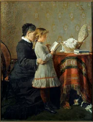 Lekcja czytania. Pielęgniarka uczy się czytać małej dziewczynce. Obraz Silvestro Lega (1826-1895) Ec. Włochy