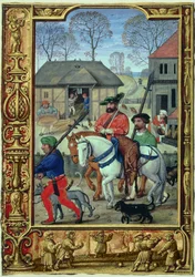 Dodaj 24098 f.28v listopad: Powrót z polowania, z Book of Hours lub Golf Book, c.1520-30 (welum)