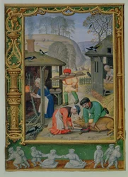 Dodaj 24098 f.29v grudzień: Przygotowanie jedzenia na zimę, pieczenie chleba i zabijanie świni, z Book of Hours lub Golf Book, c.1520-30 (welum)