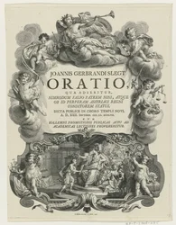 Minerva lauwert een jongeman spotkał bul Strona tytułowa dla: J.G. Slegt, Oracja, w której stwierdza się, że Nimrod jest fałszywie ojcem Niny (...), 1747