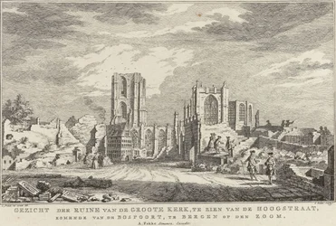 Ruiny Wielkiego Kościoła Bergen op Zoom, 1748 Widok na ruiny Groote Kerk od strony Hoogstraat od strony Bospoort, w Bergen op den Zoom (tytuł na obiekcie) Dziesięć twarzy ruin po oblężeniu i zniszczeniu Bergen op Z