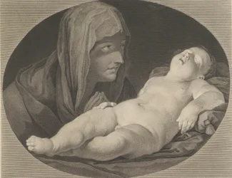 Modląca się Dziewica, patrząca na śpiącego Niemowlaka, w owalnej ramie, według Reni,..., 1765.