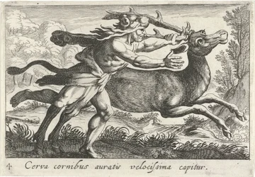 Hercules vangt de Hind van Cerynea Jeleń ze złotymi rogami zostaje złapany bardzo szybko (tytuł na obiekcie) Herculische tematu (tytuł serii)