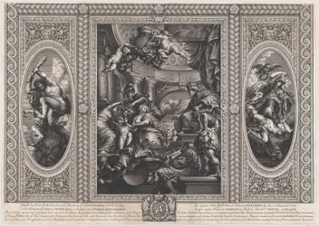 Alegoryczna scena ukazująca korzyści panowania Jakuba w centrum, Wise Government Tramp..., 1720.