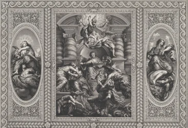 Jakub I mianuje Karola królem Szkocji w centrum, Minerwa przebija ignorancję w ri..., 1720.