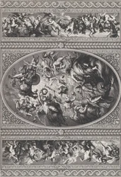 Apoteoza Jakuba I w owalu pośrodku, fryzy z puttami i girlandami na obu ..., 1720.