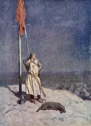 Rycerz stoi na warcie na Górze św. Jerzego ze sztandarem Anglii, ilustracja z 