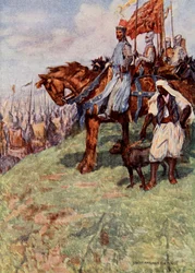 Lwie Serce siedzący na koniu, u jego boku nubijski niewolnik trzymający psa na smyczy, ilustracja z "The Talisman: A Tale of the Crusaders" Sir Waltera Scotta (kolorowa litografia)