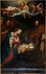 Kościół parafialny (kościół parafialny św. Wawrzyńca). Wnętrze. nawa północna. Ołtarz. obraz. „Narodziny Chrystusa”. podpisał Simon de Pape. 1666.