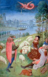 Dodaj 38126 fol.79v-80 Zwiastowanie pasterzom, z Godzin Hutha, 485-90 (vellum)iennes (szczegóły z 20281)