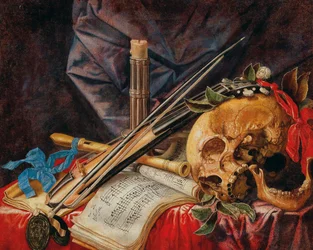 Vanitas martwa natura z altówką, klarnetem, czaszką, partyturą i świecą.