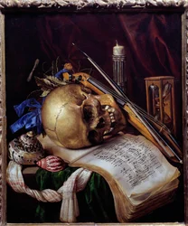 Martwa natura vanitas z czaszką, nutami, instrumentami muzycznymi, muszlami i klepsydrą. 1650. Wymiary: 0,52 x 0,44 m. Marsylia, Musée des Beaux-Arts