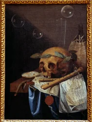 Martwa natura vanitas z czaszką, wieńcem laurowym, fletami, nutami i dzbanem wina. Obraz Simona Bernarda de Saint-André (1613-1677), XVII wiek. Wys. 0,6 x 0,43 m, Lyon, Musée des Beaux-Arts