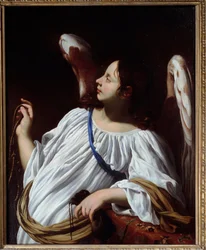 Anioł trzyma sznur i sakiewki z Męki Pańskiej Fragment obrazu Simona Voueta (1590-1649) Kolekcja prywatna z XVII wieku
