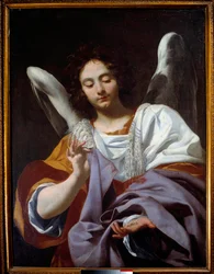 Anioł w tunice, instrumenty Obrazu pasyjnego Simona Voueta (1590-1649) XVII wiek. Neapol, Muzeum Narodowe Capodimonte